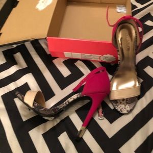 Neon pink/snake print heels